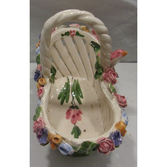 VTG Capodimonte Porcelain Bird Basket Flowers w/ Handle Spring / Easter 5 1/2" - Picture 4 of 10